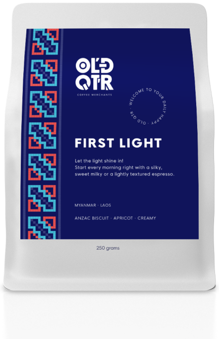 Old Quarter Coffee Merchants – Home of Daily Happy - Roasters of the best sustainable, organic, ethical & Direct Trade Specialty Coffee from Southeast Asia. Based in Ballina NSW (Just south of Byron bay) Available for Wholesale. Picture First Light Blend Coffee Bag, no background
