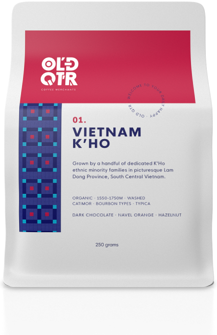 Old Quarter Coffee Merchants – Home of Daily Happy - Roasters of the best sustainable, organic, ethical & Direct Trade Specialty Coffee from Southeast Asia. Based in Ballina NSW (Just south of Byron bay) Available for Wholesale. Picture Vietnam K'Ho Single Origin Coffee Bag, no background