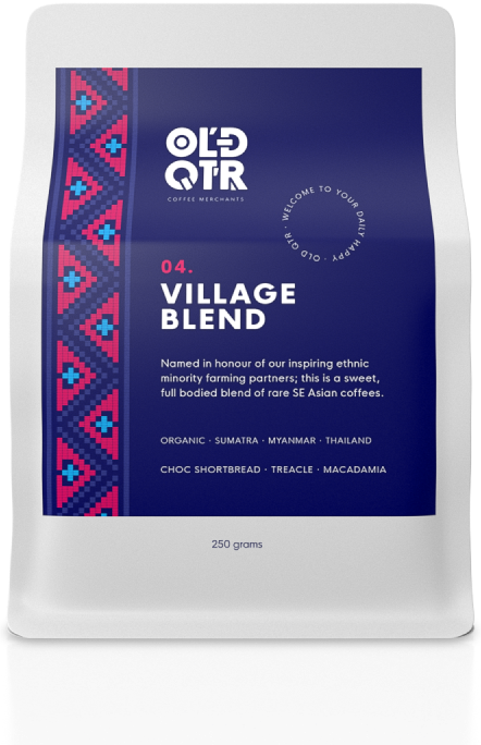 Old Quarter Coffee Merchants – Home of Daily Happy - Roasters of the best sustainable, organic, ethical & Direct Trade Specialty Coffee from Southeast Asia. Based in Ballina NSW (Just south of Byron bay) Available for Wholesale. Picture Village Blend Coffee Bag, no background