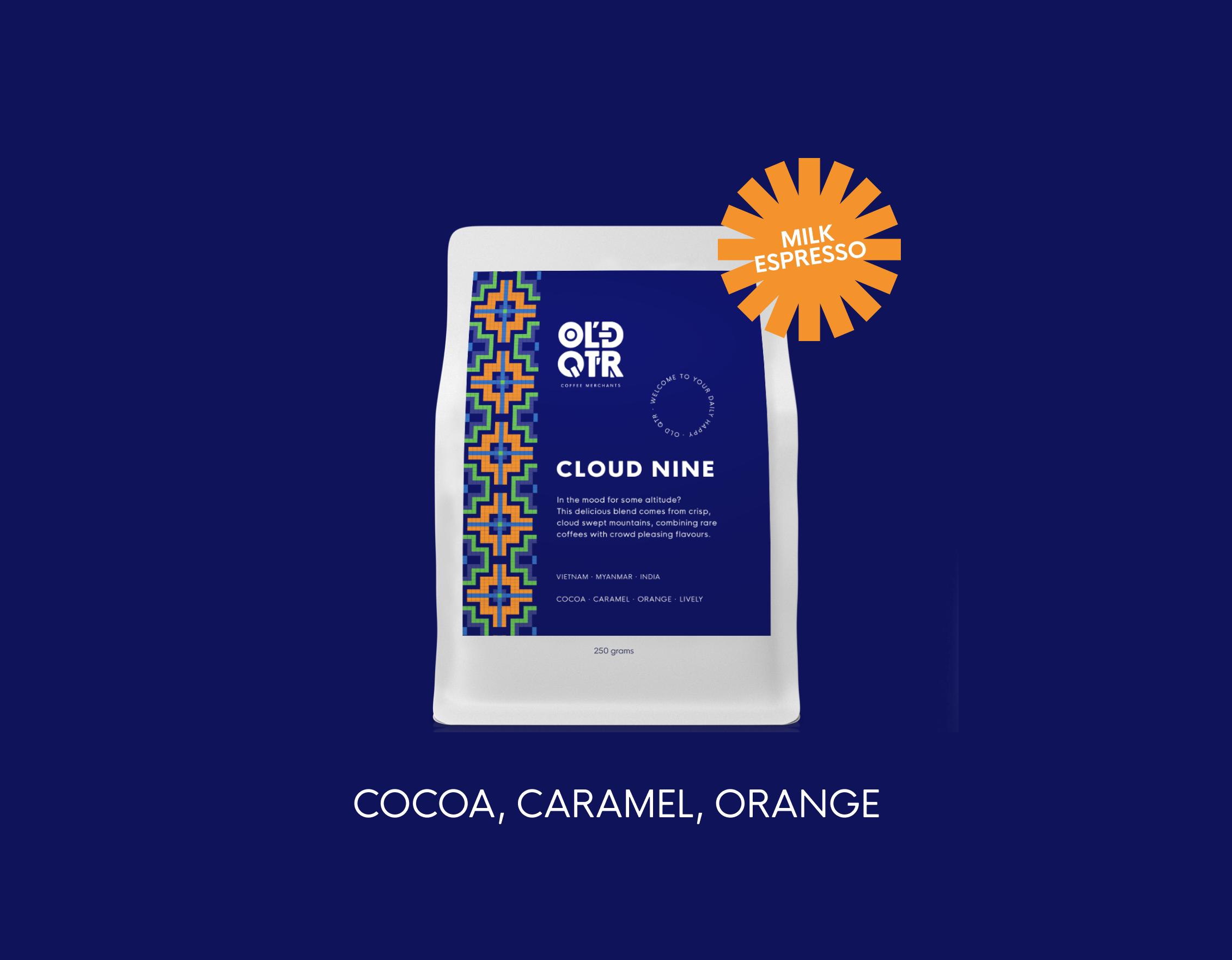 Old Quarter Coffee Merchants - Cloud Nine Blend - Medium Espresso Roast - Organic, Ethical & Direct Trade Southeast Asian Coffee - best sustainable specialty coffee, roasted in Ballina, Australia – 250g and 500g bags being held up by Amelia