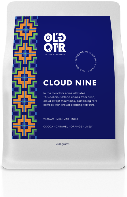 Old Quarter Coffee Merchants – Home of Daily Happy - Roasters of the best sustainable, organic, ethical & Direct Trade Specialty Coffee from Southeast Asia. Based in Ballina NSW (Just south of Byron bay) Available for Wholesale. Picture Cloud Nine Blend Coffee Bag, no background