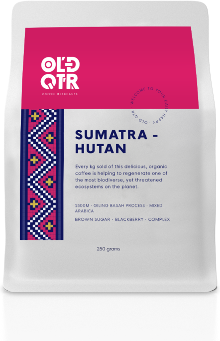 Old Quarter Coffee Merchants – Home of Daily Happy - Roasters of the best sustainable, organic, ethical & Direct Trade Specialty Coffee from Southeast Asia. Based in Ballina NSW (Just south of Byron bay) Available for Wholesale. Picture Sumatra Hutan Single Origin Coffee Bag, no background