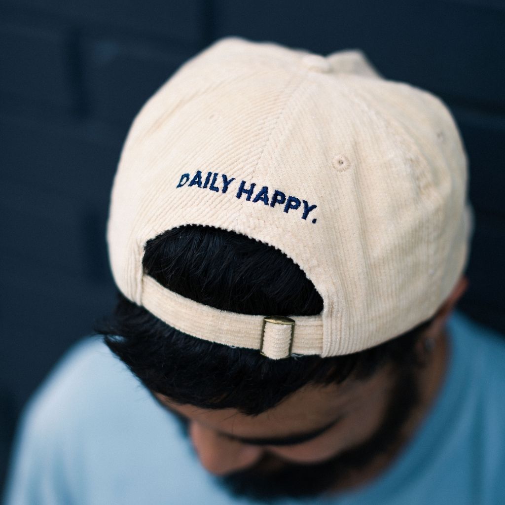 Old Quarter Coffee Merchants - Corduroy Daily Happy Hat in Natural - 5 Panel Corduroy Cap - 100% Soft Cotton 11 Wale Corduroy - Adjustable Fastener with Metal Clasp - back view